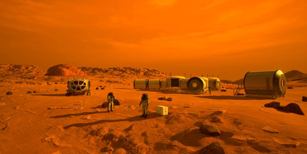 Erste Menschen auf dem Mars (2019). Künstlerische Darstellung der ersten menschlichen Forschenden auf der Marsoberfläche – Erste Menschen auf dem Mars (2019). Künstlerische Darstellung der ersten menschlichen Forschenden auf der Marsoberfläche