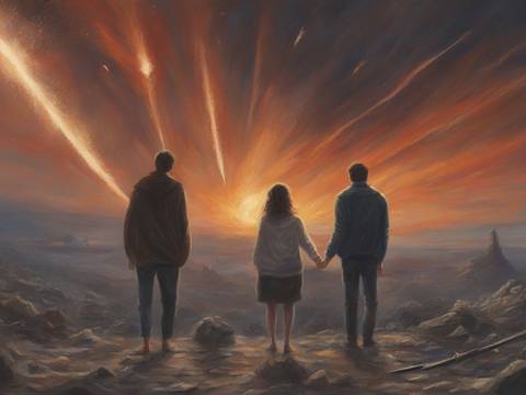  – Symbolisches Motiv: drei Personen stehen vor einer postapokalyptischen Landschaft. Meteoriten fallen auf die Erde nieder.