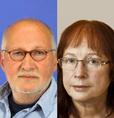 Zweigeteiltes Porträt: Links Brille, Bart, blaues Hemd; rechts Brille, rotbraunes Haar.