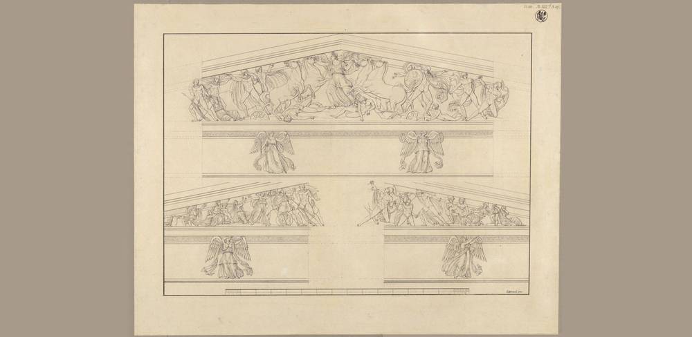 Karl Friedrich Schinkel, Giebelrelief und Details Neue Wache, Berlin, 1818, Feder in Schwarz, über Vorzeichnung mit Graphitstift