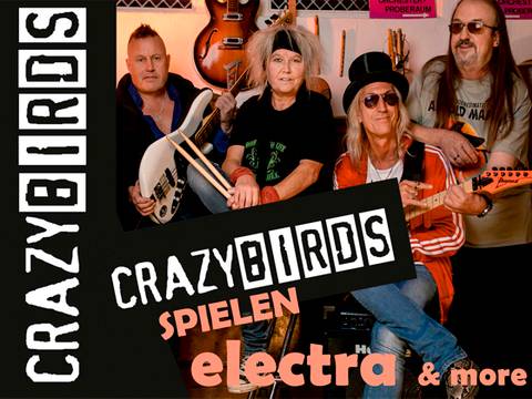 "CRAZY BIRDS" SPIELEN "ELECTRA" - SONGS ORIGINAL! – Vier Personen mit Instrumenten vor Gitarren an der Wand. Text: CRAZYBIRDS CRAZYBIRDS SPIELEN electra & more.