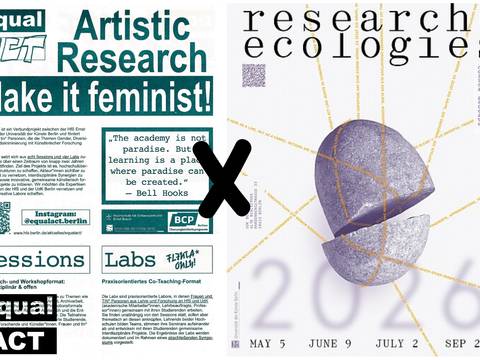  – Linke Seite: grüne Schrift auf weißem Hintergrund "equal ACT Artistic Research Make it feminist!" Rechte Seite: Graues gespaltenes Ei, "research ecologies