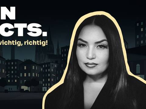 Bahar Kizil & Live Show – Person mit langen Haaren vor einer Stadtsilhouette. Text: FUN FACTS. witzig, wichtig, richtig!
