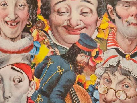 Günther Kieser, Frank Zappa‘s Mothers of Invention, Detail, 1971 – Fünf Karikaturen von Personen umgeben von bunten Blumen. Eine Person trägt ein Monokel und Zigarette, eine andere trägt Brille und Spitzenhaube
