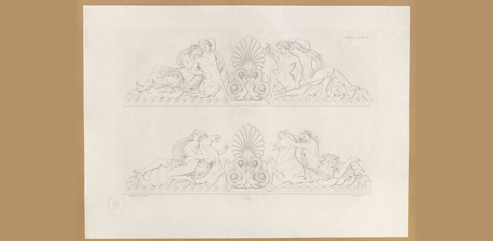 Karl Friedrich Schinkel, Entwürfe zu Brunnengruppen am Gewerbeinstitut, Klosterstraße, Berlin, wohl 1829, Graphitstift