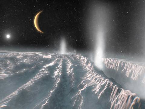 Künstlerische Darstellung von Cryovulkanismus auf Enceladus – Verschneite Oberfläche mit tiefem Graben, aus dem Dampf aufsteigt. Im Hintergrund ein sichelförmiger Planet und ein heller Lichtpunkt am Nachthimmel.