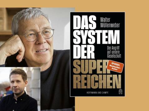 Walter Wüllenweber und Kevin Kühnert im Gespräch: Das System der Superreichen. Der Angriff auf unsere Gesellschaft – Buchcover "Das System der Superreichen" von Walter Wuellenweber. Links daneben ein Bild von zwei Personen, eine aelter mit Brille, die andere juenger.