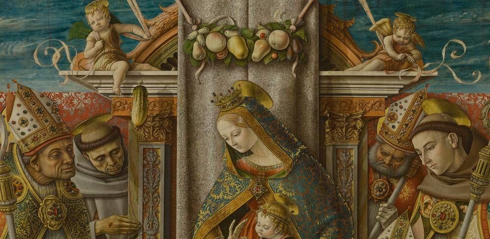 Carlo Crivelli, Thronende Maria mit dem Kind, die Schlüsselübergabe an den Apostel Petrus und die Heiligen Johannes Capistranus, Emidius, Franziskus, Ludwig von Toulouse, der selige Giacomo della Marca und ein heiliger Bischof (Detail), um 1488