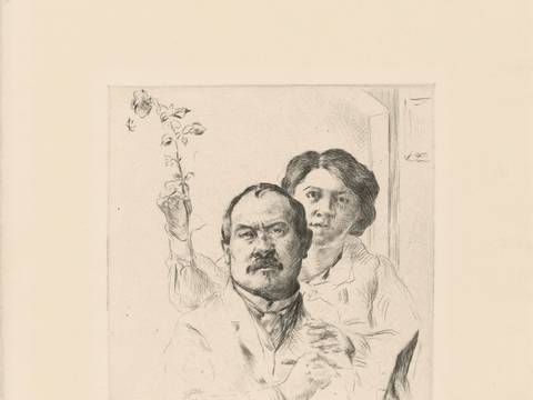 Lovis Corinth, Selbstbildnis mit Gattin, 1904 – Radierung eines männlich gelesenen und einer weiblich gelesenen Person. Die weiblich gelesene Person hält eine Rose und hat eine Hand leicht auf der Schulter der anderen Person aufgelegt.