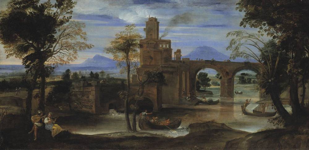 Annibale Carracci, Römische Flusslandschaft mit Kastell und Brücke, um 1600