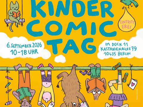 KINDER COMIC TAG 2026 – Zwei Kinder, Katze und Vogel hängen kopfüber an Stange, lesen. Text: Modern Graphics, Reprodukt präsentieren: Kinder Comic Tag, 6. September 2026, Eintritt