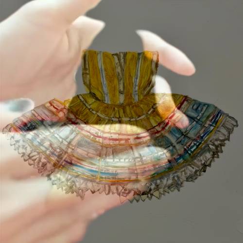 Bhasha Chakrabarti: Archive of Divine Possessions. Detail of 32 Gestures of Devotion, 2026, Bhasha Chakrabarti – Das Bild zeigt einen Ausschnitt aus dem Werk „Archive of Divine Possessions“ der Künstlerin Bhasha Chakrabarti. Es besteht aus einer Überlagerung eines bunten Miniaturrocks und zweier menschlicher Hände, die den Rock scheinbar berühren oder liebevoll umschließen.