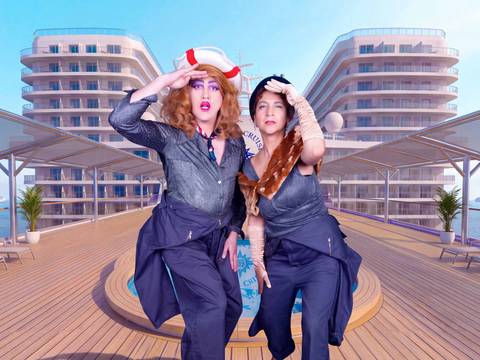  – Zwei Personen auf einem Kreuzfahrtschiffdeck, posierend mit Hand an Stirn, tragen blaue Outfits und maritime Accessoires, im Hintergrund modernes Schiff.