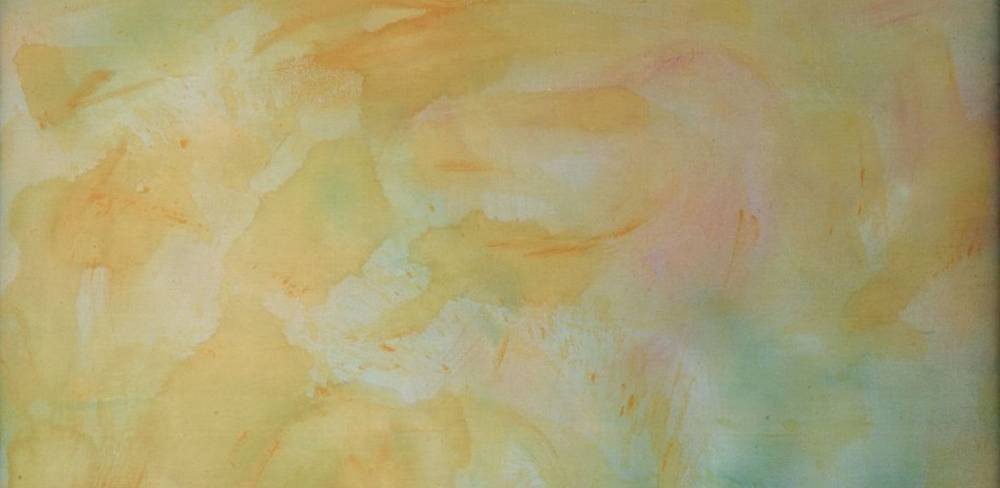 Gotthard Graubner (1930 - 2013), Tojama II (Farbraumkörper) – Abstraktes Gemälde in sanften gelben, grünen und orangen Tönen, schwungvolle Pinselstriche ohne erkennbares Motiv, Aquarelltechnik.