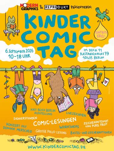 KINDER COMIC TAG 2026 – Zwei Kinder, Katze und Vogel hängen kopfüber an Stange, lesen. Text: Modern Graphics, Reprodukt präsentieren: Kinder Comic Tag, 6. September 2026, Eintritt
