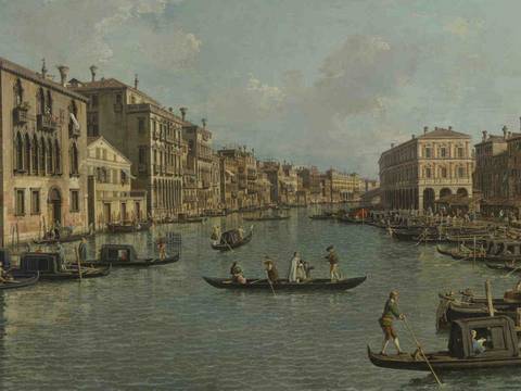 Giovanni Antonio Canal, Der Canal Grande mit Blick in südöstlicher Richtung auf die Rialtobrücke, Detail, ca. 1758 – 1759