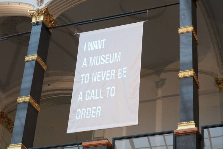 Andrea Geyer, Manifest (Banners / Gropius Bau / Berlin), installation view, Gropius Bau, 2024