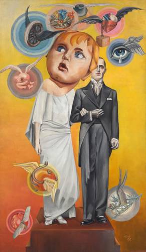 Hannah Höch, Die Braut (Pandora), 1924/1927 – Gemälde: Das Gemälde zeigt ein Brautpaar sowie surreale Elemente im Hintergrund. Collage-artig ist der Kopf der Braut durch einen Baby-Kopf ersetzt worden. Die Farbe des Hintergrundes ist ein leuchtendes Gelb-Orange.