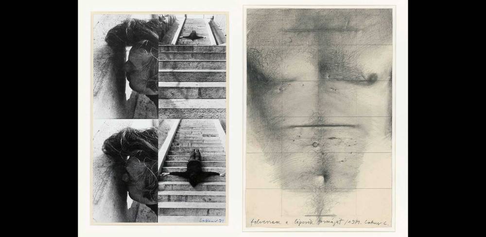 László Lakner, Ich nehme die Form der Treppe an, 1971, zweiteilig, Kohle auf Papier und Schwarz-Weiß-Fotografie