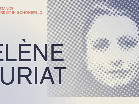  – Großflächige Einladungsgrafik mit einem Rastermuster im Hintergrund. Links oben steht in orangefarbenen Großbuchstaben: 'VON DER RÉSISTANCE ZUR ZWANGSARBEIT IN SCHÖNEFELD'. Darunter, in sehr großen dunkelblauen Großbuchstaben, der Name 'HÉLÈNE FAURIAT'. Rechts befindet sich ein rechteckiges, helles Feld, das einen Teil des Hintergrunds überdeckt.