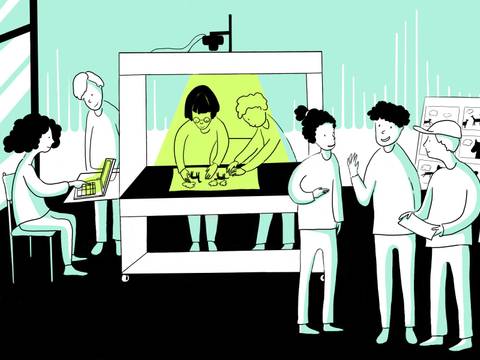 Illustration: Gitte Hellwig – Auf einer Illustration in den Farben Rot, Gelb, Weiß und Schwarz steht eine Workshop-Gruppe um den Tricktisch.