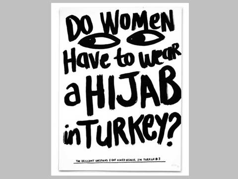 Esra Gülmen, Do Women have to Wear a Hijab in Turkey?, aus der Serie „The brilliant questions I got asked because I’m Turkish“, 2019, Tusche auf Papier