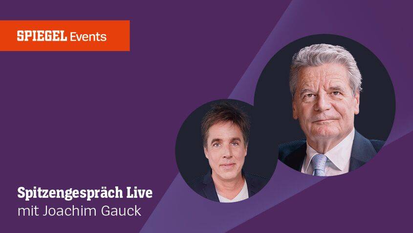 Zwei Porträtfotos auf lila Hintergrund. Links Text: SPIEGEL Events, Spitzengespräch Live mit Joachim Gauck.