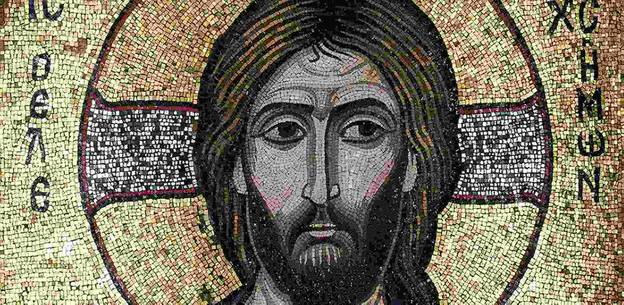 Christus der Erbarmer, Detail, Ikone / Glasmosaik in Wachsgrund, auf Holz (um 1100)