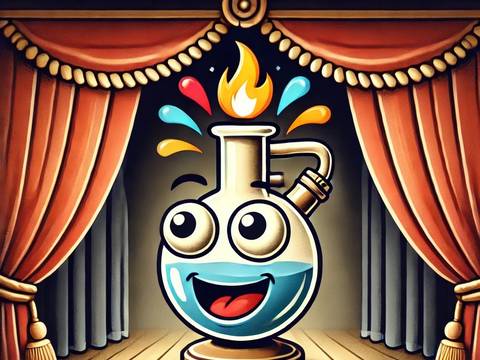  – Ein gezeichneter Bunsenbrenner mit fröhlichem Gesicht befindet sich auf einer Bühne. Links und rechts ein schwerer Theatervorhang.