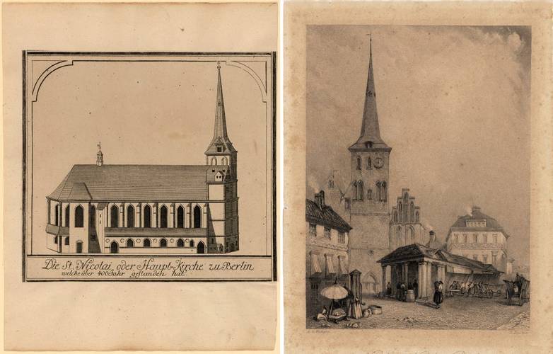 Historische Abbildungen der Berliner Nikolaikirche: links „Die St. Nicolai oder Haupt-Kirche zu Berlin welche über 400 Jahr gestanden hat“, Radierung von Johann Friedrich Walther, um 1738; rechts „Church of St. Nicholas in Berlin“, Stahlstich von Alfred G. Vickers, 1836 – Die Berliner Nikolaikirche in einer Collage zweier historischer Grafiken