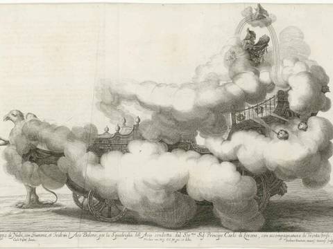 Darstellung eines fantastischen Luftschiffs aus dem Hochzeitsfest Kaiser Leopolds I., Illustration aus: Sieg-Streit deß Lufft und Wassers Freuden-Fest, Wien, 1667, Detail