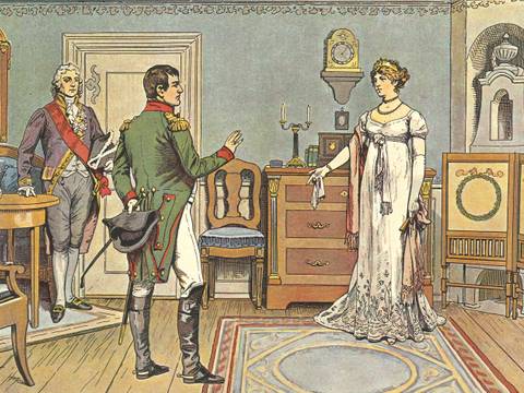 Unterredung mit Napoleon in Tilsit, 1807 aus: „Die Königin Luise in 50 Bildern für Jung und Alt“, Verlag Paul Kittel, Berlin 1896 – Unterredung mit Napoleon in Tilsit, 1807 aus: „Die Königin Luise in 50 Bildern für Jung und Alt“, Verlag Paul Kittel, Berlin 1896