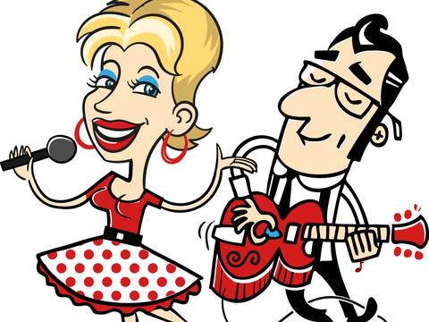  – Zwei cartoonhafte Personen, eine mit Mikrofon, eine mit roter Gitarre; Kleid mit roten Punkten, Verstärker mit Musiknoten.