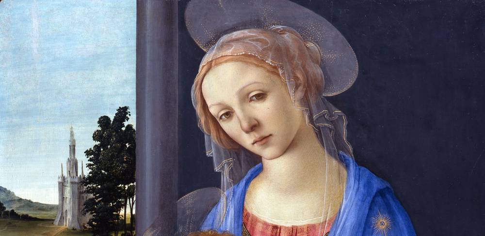 Filippino Lippi, Maria mit dem Kind (Detail), um 1475/80 – Gemälde einer weiblich gelesenen Person mit hellem Schleier und blauem Gewand. Hintergrund mit Landschaft und Turm, detaillierter Gesichtsausdruck.