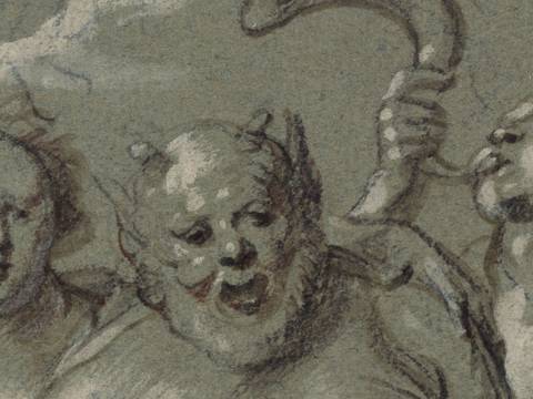 Jacob Jordaens, Flora, Silenus und Zephyr (Detail), 1639, schwarze Kreide, Pinsel in Braun, Rötel, mit Deckweiß gehöht, auf grünlichem Papier