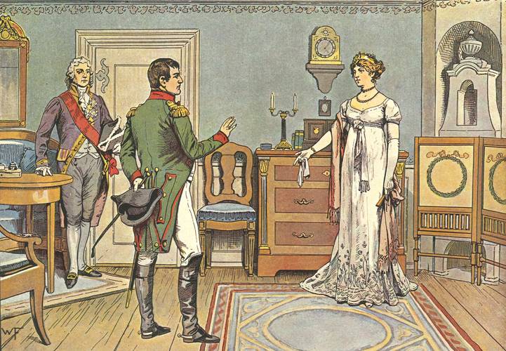 Unterredung mit Napoleon in Tilsit, 1807 aus: „Die Königin Luise in 50 Bildern für Jung und Alt“, Verlag Paul Kittel, Berlin 1896 – Unterredung mit Napoleon in Tilsit, 1807 aus: „Die Königin Luise in 50 Bildern für Jung und Alt“, Verlag Paul Kittel, Berlin 1896