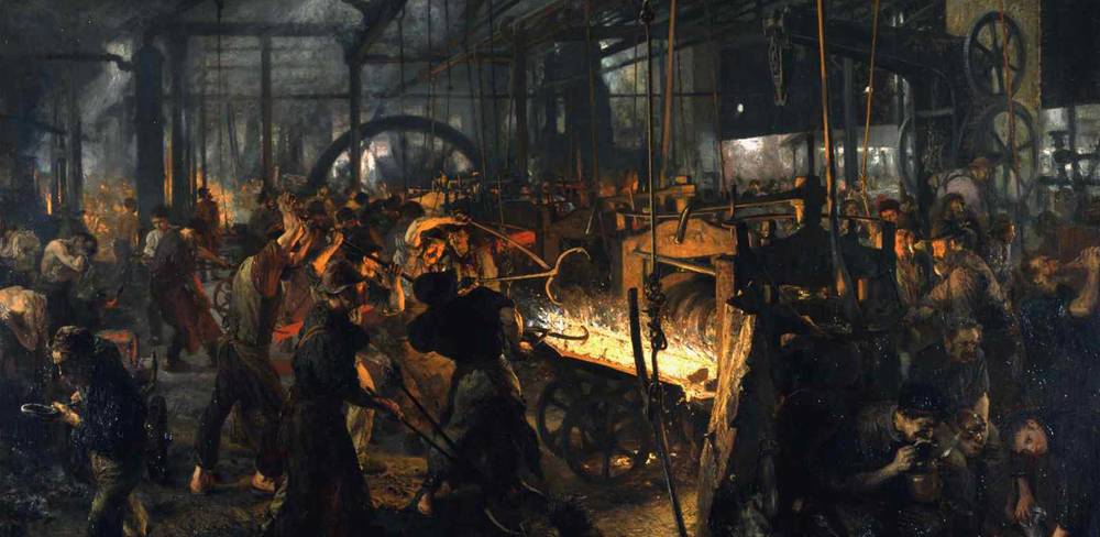 Adolph Menzel, Eisenwalzwerk (Moderne Cyklopen), 1872–1875, Öl auf Leinwand