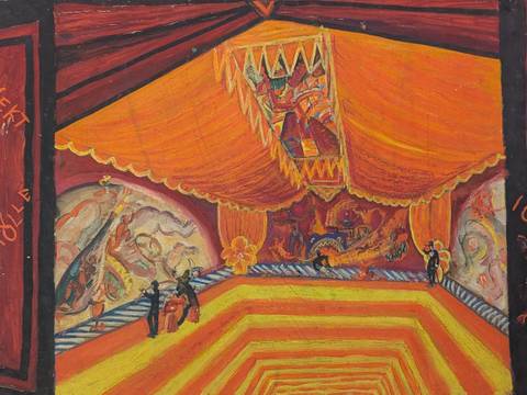 Cesar Klein, Raumentwurf „Sekthölle“ für das Künstlerfest „Maske und Palette“, 1914, Bleistift und Gouache auf Karton, Nachlass Cesar Klein – Gemälde mit bunten Vorhängen, stilisierten Figuren und Schriftzügen "Sekt" und "Hölle". Expressive, lebendige Farbwahl in Rot- und Gelbtönen.