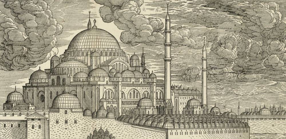 Melchior Lorck, Süleymaniye Moschee von Nordost gesehen, Detail, um 1570, Holzschnitt auf Papier
