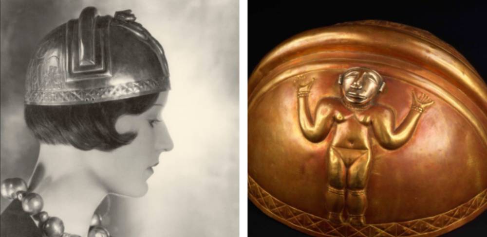Ein Model trägt einen Goldhelm aus Kolumbien im Museum für "Völkerkunde" / Goldhelm mit der Abbildung einer Frau
