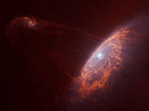 Kollision der Milchstraße mit der Zwerggalaxie Sagittarius – Eine Visualisierung der Kollision der Milchstraße mit der Zwerggalaxie Sagittarius, die seit mehreren Milliarden Jahren andauert.