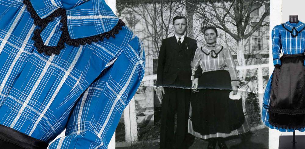 Alltagskleidung der Bauerntochter Elisabeth Märcz, aus Blaudruckstoffen von ihrer Mutter genäht, Murga / Murgau (Ungarn) um 1942.