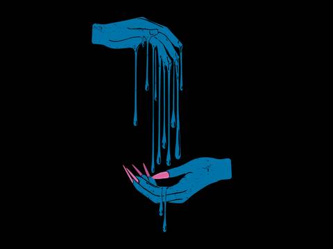 A Wide Open Walpurgisnacht – Zwei blaue Hände vor schwarzem Hintergrund, zwischen denen blaue Flüssigkeit in langen Tropfen herabfließt. Die untere Hand hat lange rosa Fingernägel.