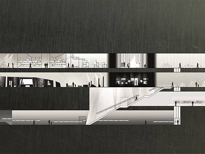 Querschnittsansicht des Libeskind-Baus mit Entwurf der neuen Dauerausstellung, Stand Wettbewerb