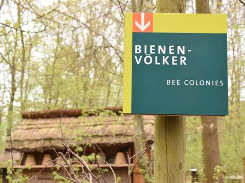 Wegweiser zur Wissensstation „Biene“ im Museumsdorf Düppel