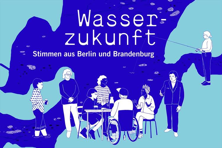 Wasserzukunft-Monochrom_Presse_mit-Schrift – Bild von einem Gespräch unterschiedlicher Leute zum Thema Wasser