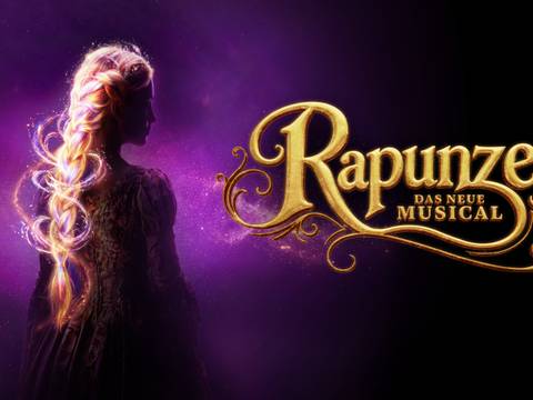 Rapunzel - Das neue Musical – Person mit langem, leuchtendem Zopf vor lilafarbenem Hintergrund. Rechts der Schriftzug: Rapunzel Das Neue Musical.