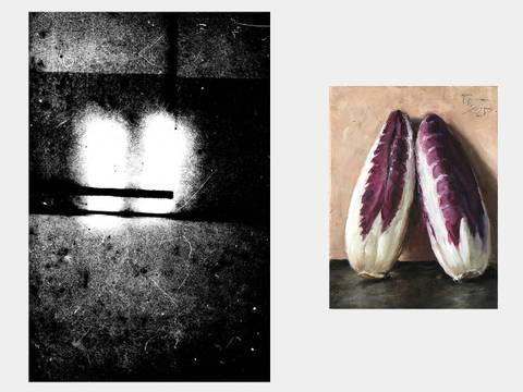 Kai Bornhöft, ten, 2019, Barytpapier / Frank Tornow, Zwei rote Chicorée, 2025, Öl auf Holz