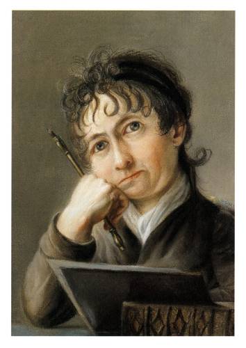 Suzette Henry, geborene Chodowiecka (1763–1819): Selbstportrait, (Pastell), 1785/86 – Die Künstlerin mit Papier und Zeichengerät, den Kopf auf die Faust gestützt