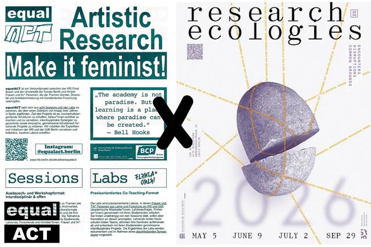 Linke Seite: grüne Schrift auf weißem Hintergrund "equal ACT Artistic Research Make it feminist!" Rechte Seite: Graues gespaltenes Ei, "research ecologies